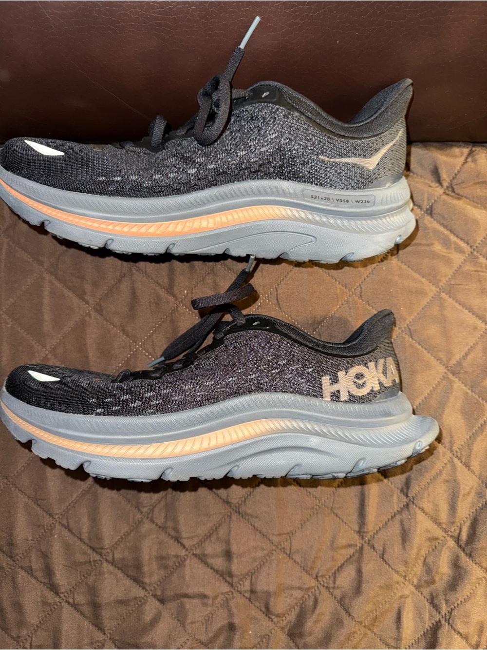 Hoka Women's Black and Gray Running Shoes with Peach Stripe